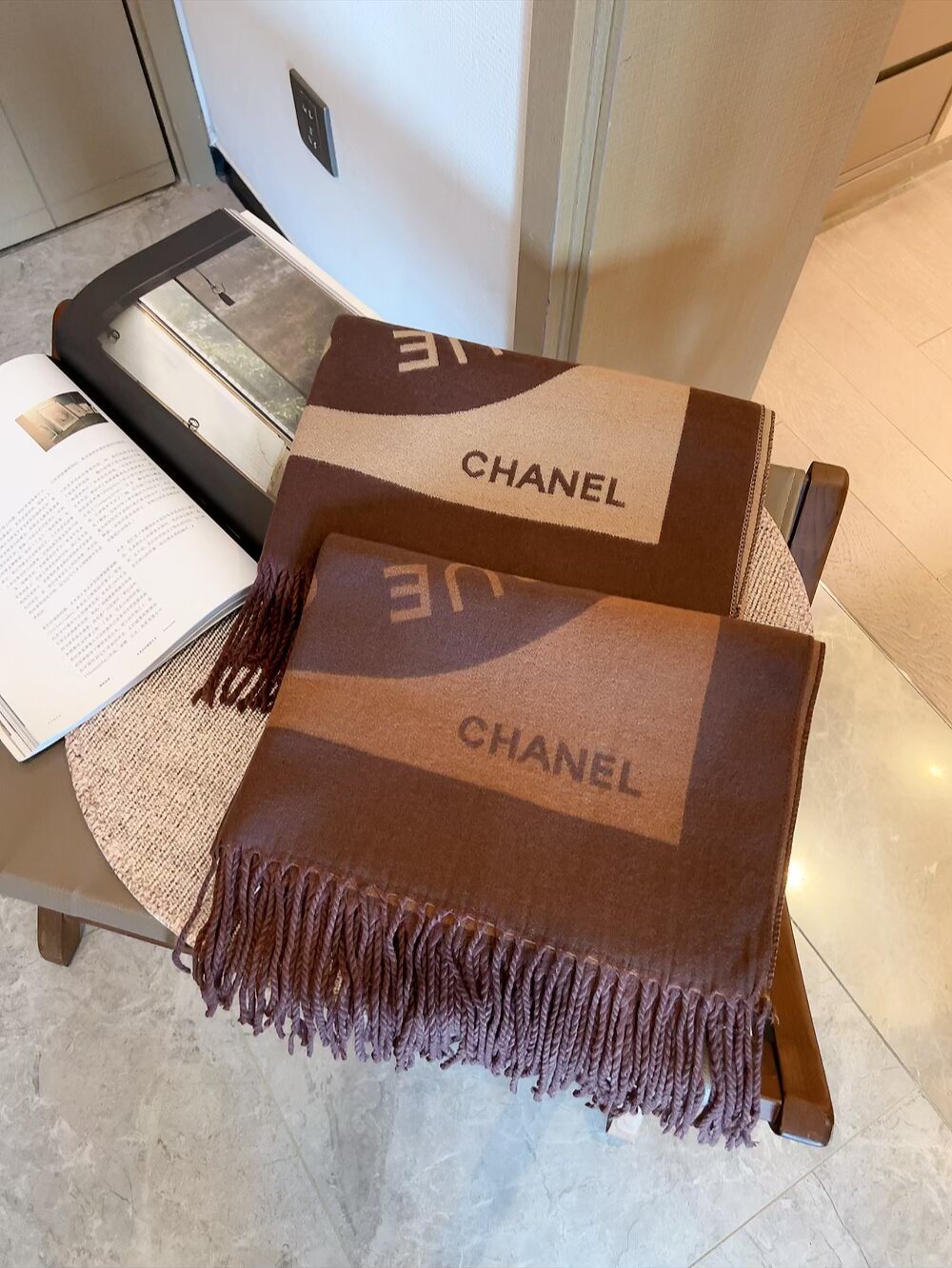 Chanel Fringed Logo Scarf Shawl